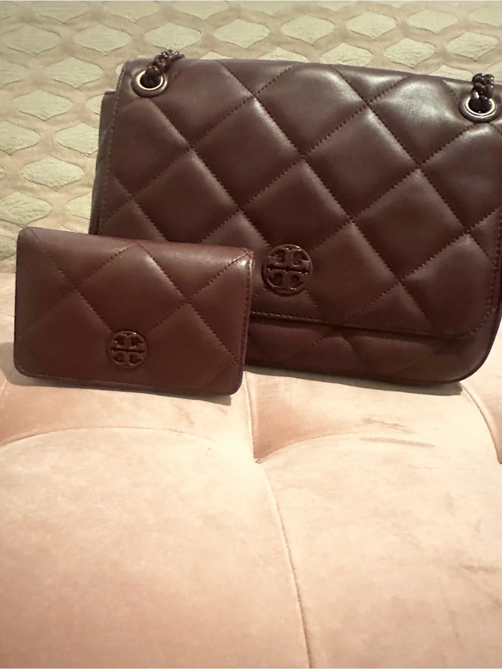 Tory Burch Quilted Burgundy Leather Shoulder Bag with Wallet